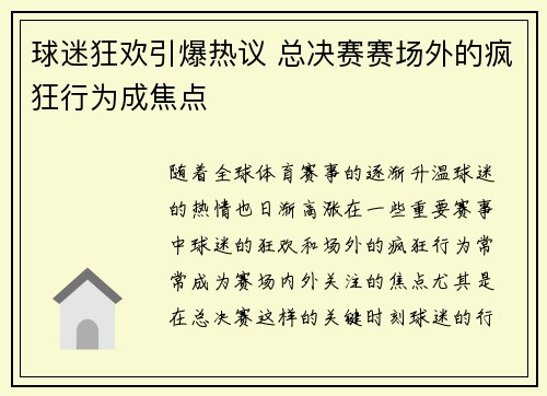 球迷狂欢引爆热议 总决赛赛场外的疯狂行为成焦点